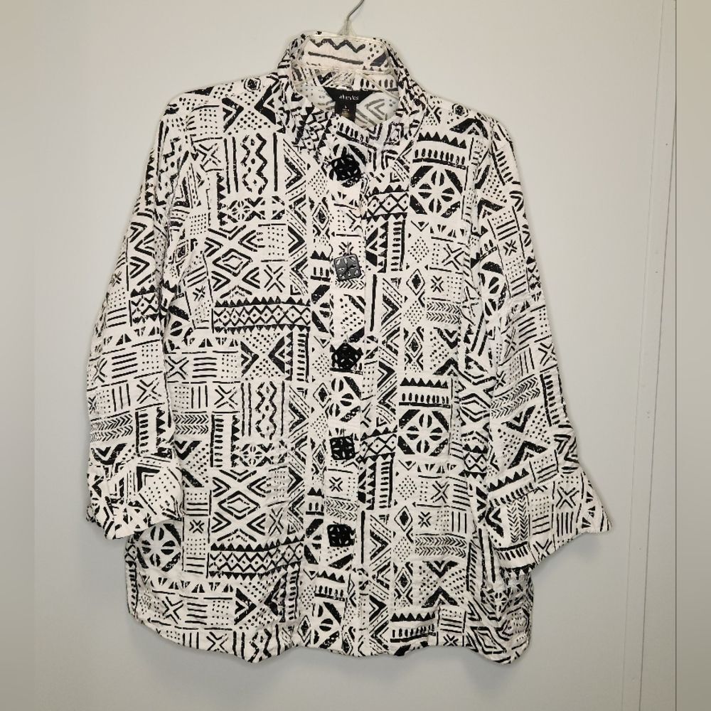Ali Miles Womens Black & White Shiny Tribal Button-Up Top Size Large